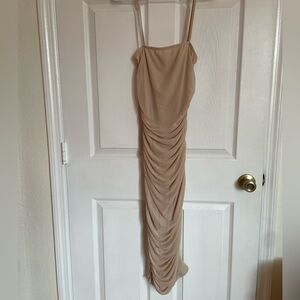 PRETTYLITTLETHING Nude Strappy Mesh Midi Dress
